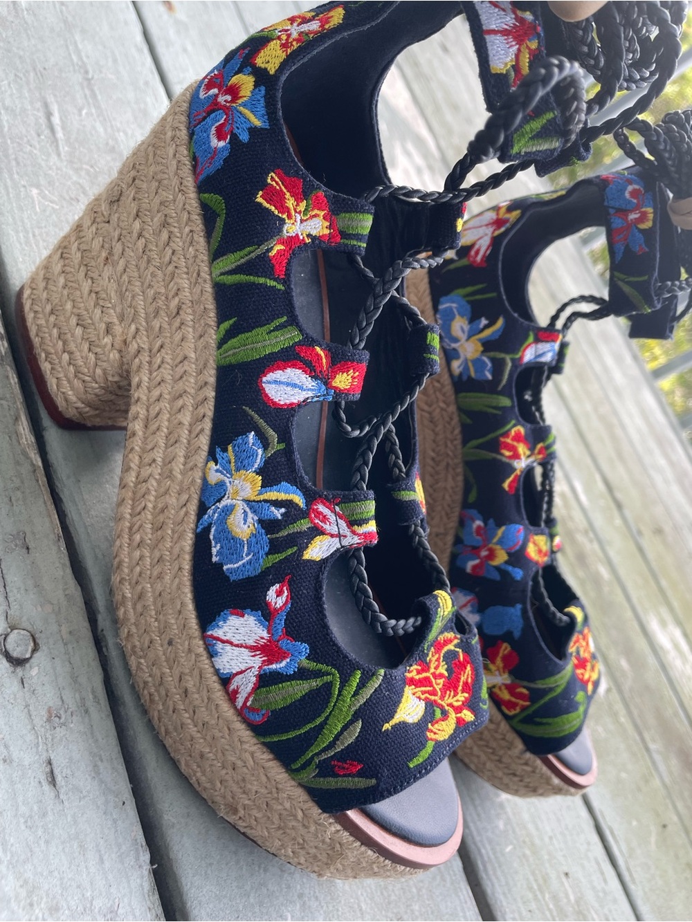 TORY BURCH POSITANO FLORAL LACE UP PLATFORM ESPADRILLE SANDALS 8.5 - Picture 4 of 14